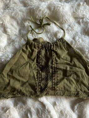 Tribal Cropped Frayed Olive Green Halter Top in Olive